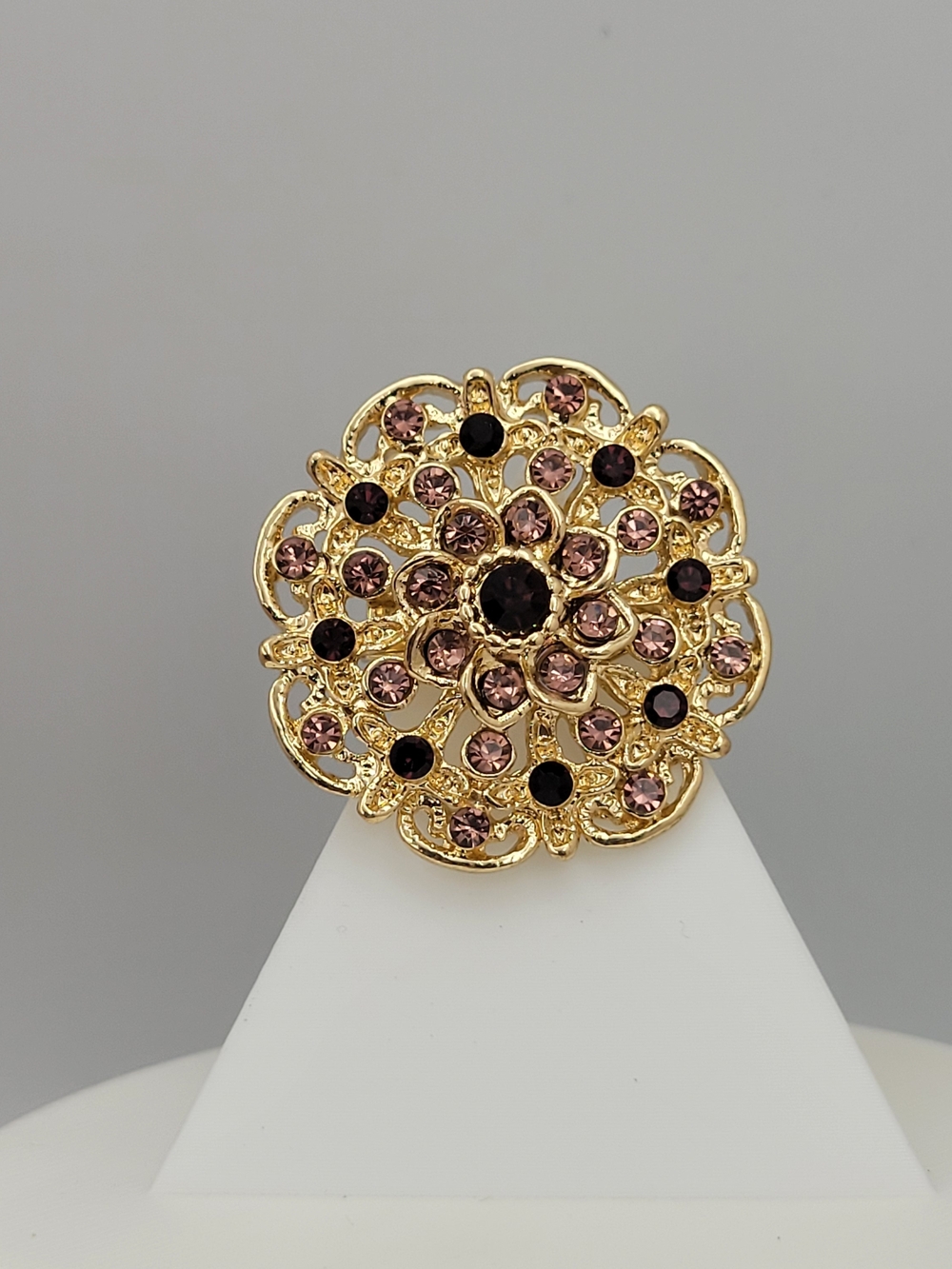 Gold-Tone Floral Crystal Ring with Pink and Black Accents